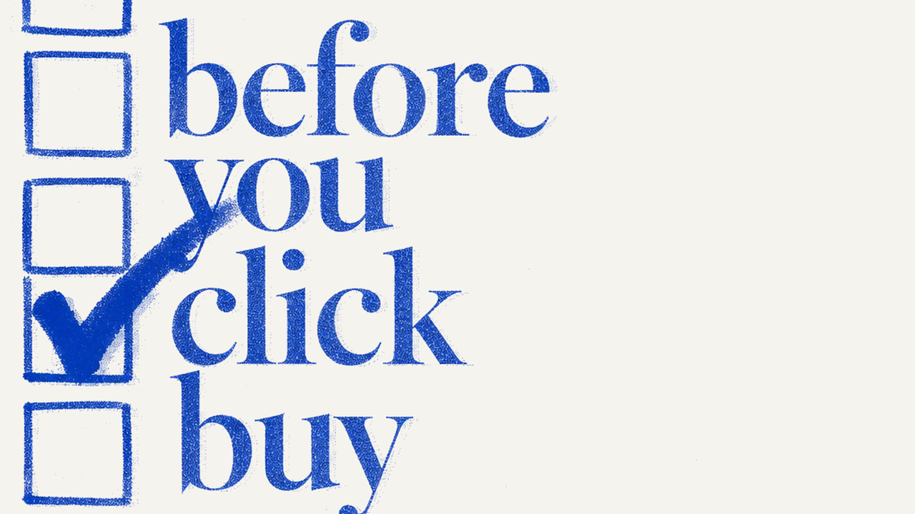 One-ink editorial print: five ruled checkboxes, one oversized hand-drawn tick overflowing its box
