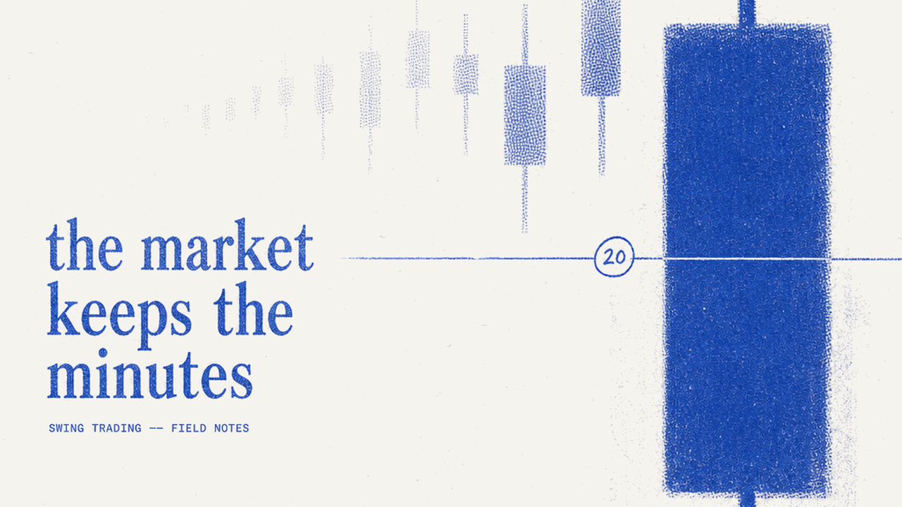 One-ink editorial print: one large candlestick with smaller fading ones receding left, titled the market keeps the minutes